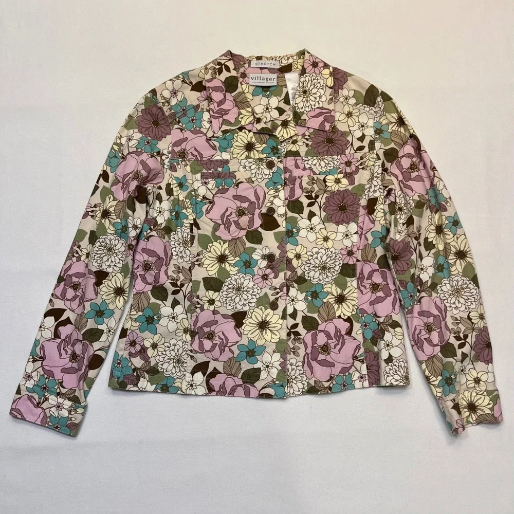 Villager Liz Claiborne‎ Purple Teal Floral Cotton Stretch Skirt Set Size 12